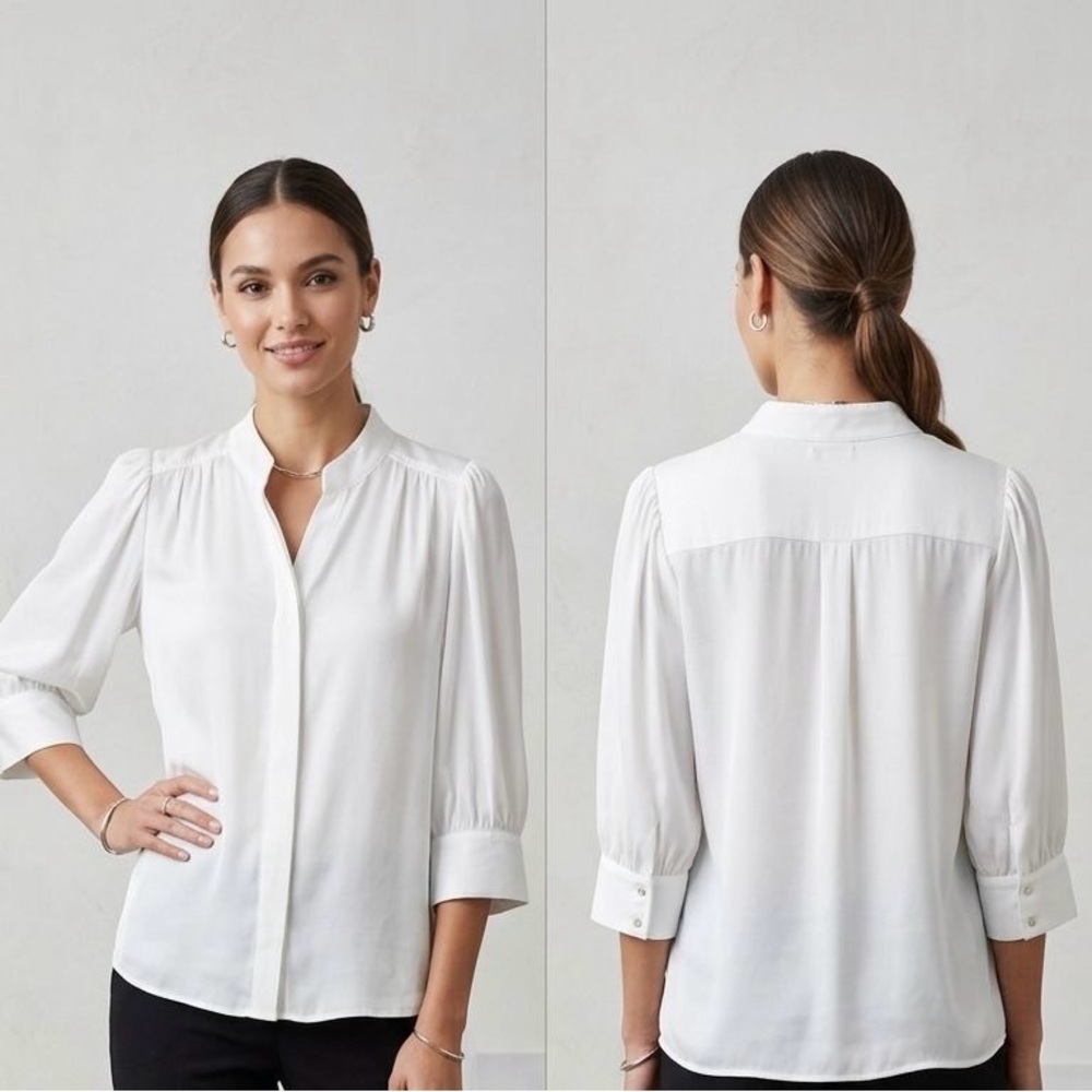 CeCe Mandarin Collar White Button-Front Blouse